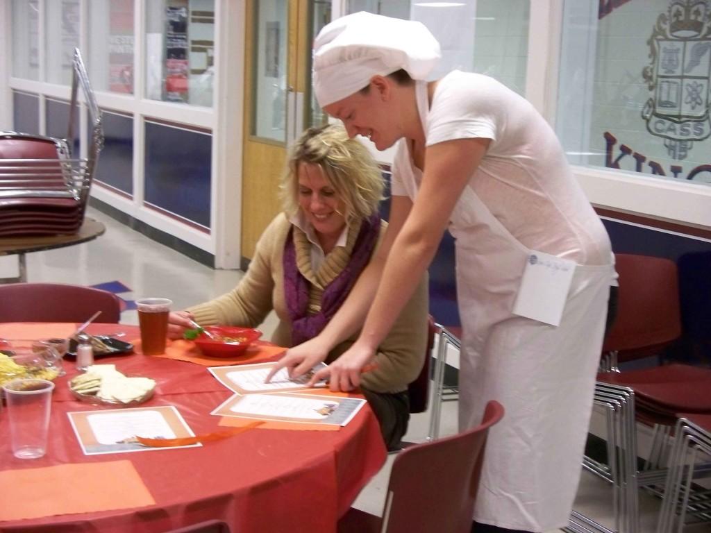 Its all good!
What should I pick, the chili or chicken noodle soup? Mrs. Densborn asks student waitress Whitney Lawson for help with the menu selections. 