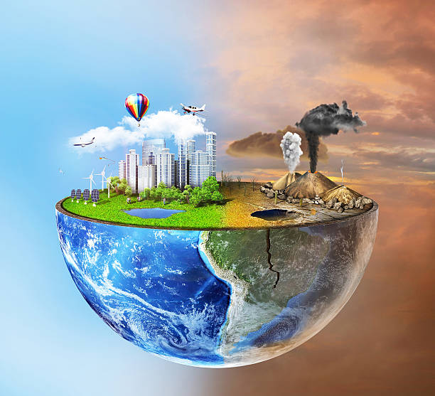 Eco+concept.+Half+sphere+of+earth+with+light+side+and+darker+side.+One+side+is+eco+city%2C+different+side+is+empty+and+dry+ground+with+mountains.